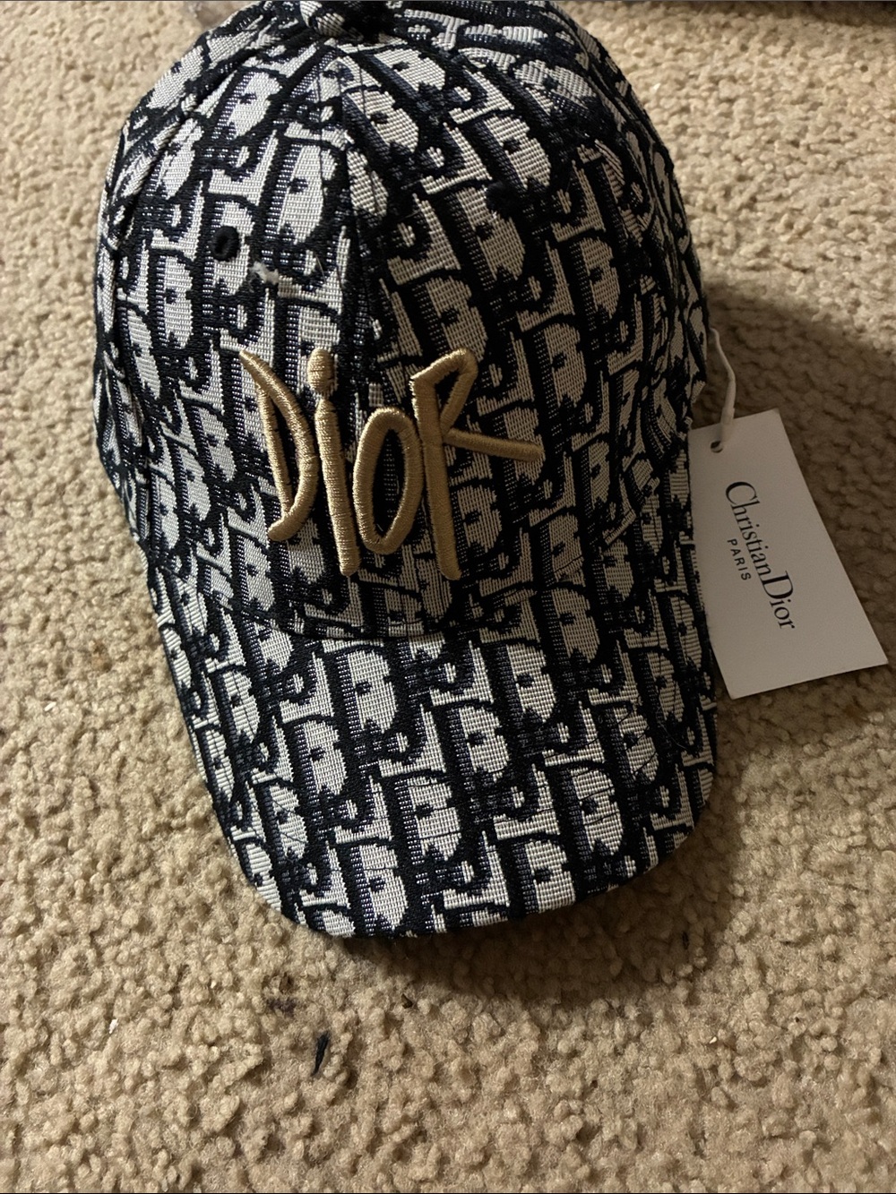 Dior Navy and White Monogram Baseball Cap with Gold Script